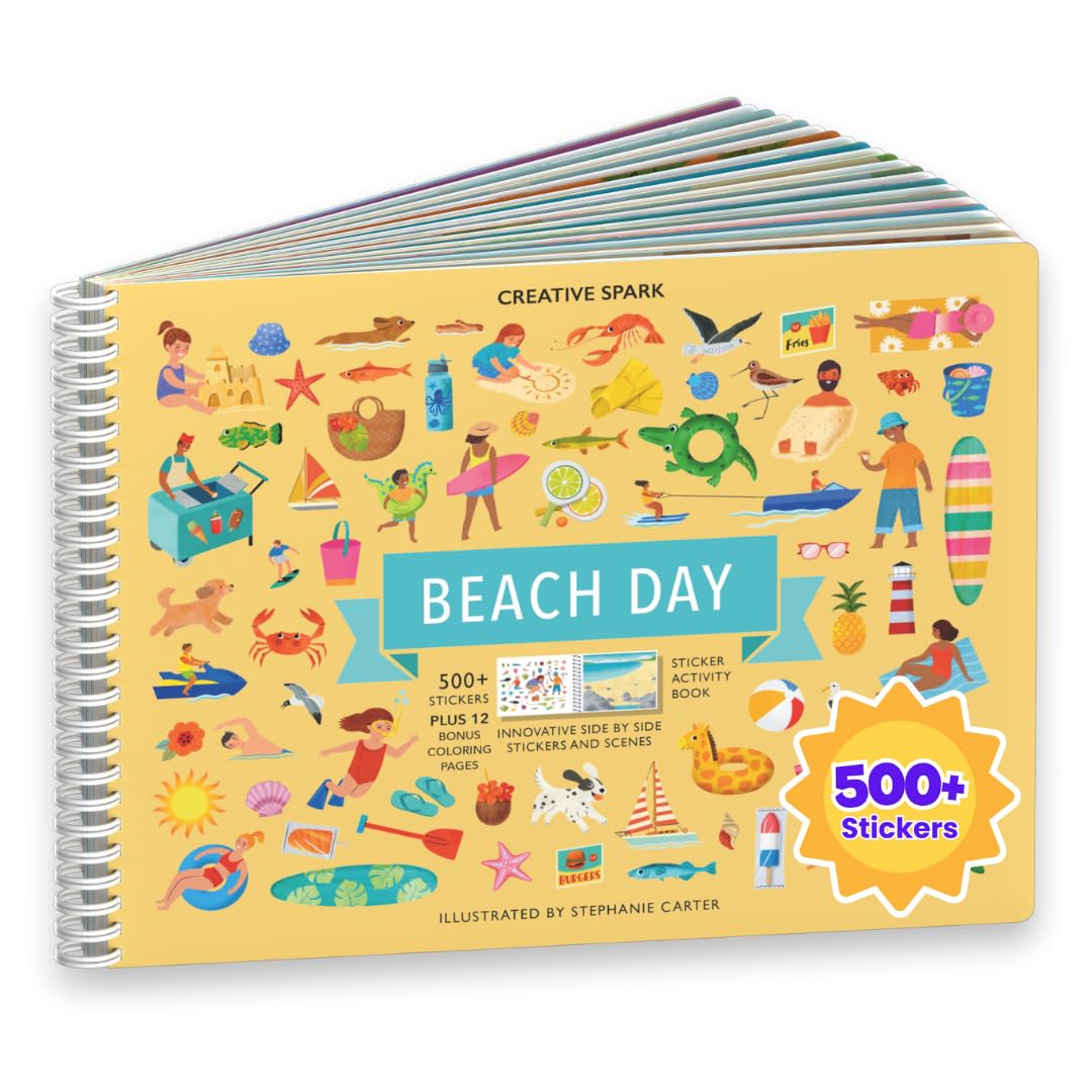 CUPKIN Sticker Book for Kids 2-4, 500+ Kids Stickers, Beach Day 12 Coloring Pages 12 Side by Side Scenes, Fun Toddler Travel Activity Coloring and Sticker Books for Children Ages 4-8 + 8-10