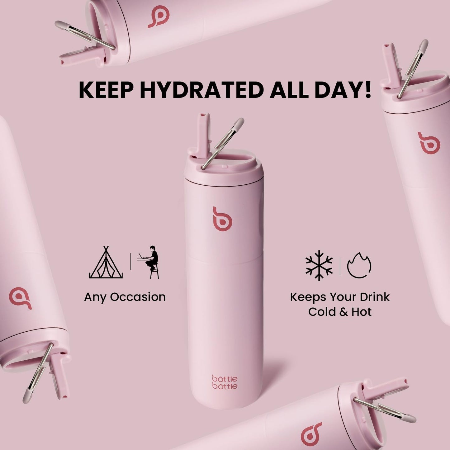 BOTTLE BOTTLE Insulated Water Bottle 24oz with Straw Lid and Handle for Sports Travel Gym Stainless Steel Water Bottles Double-Wall Vacuum Metal Thermos Bottles Leak Proof BPA-Free (Light Pink)