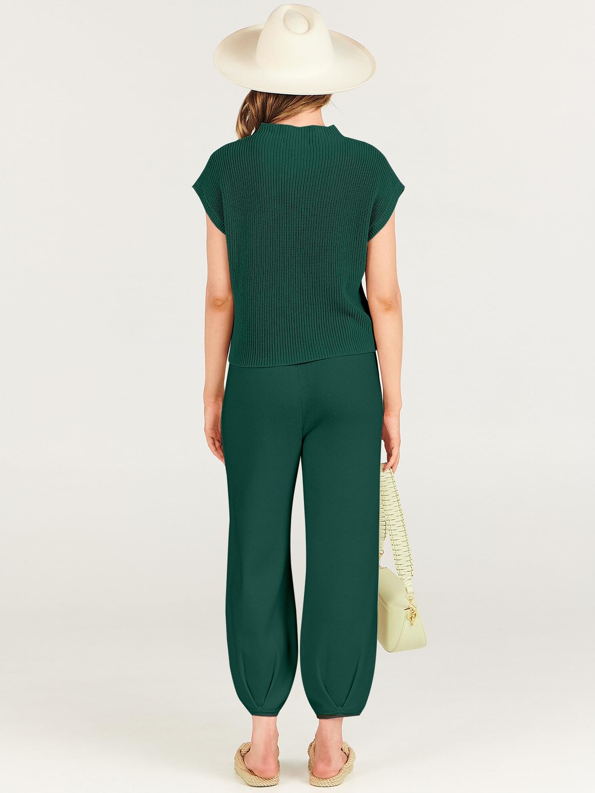 ANRABESS Women's Two Piece Outfits Knit Sweater Pullover Crop Top & Pants Lounge Matching Tracksuit Sweatsuit Sets 2024 Trendy Loungewear Clothes Dark Green X-Small