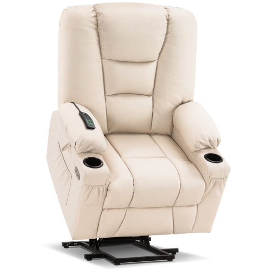 MCombo Large Power Lift Recliner Chair Sofa with Massage and Heat for Big and Tall Elderly People, 3 Positions, Cup Holders, and USB Ports, Faux Leather 7539 (Large, Cream White)