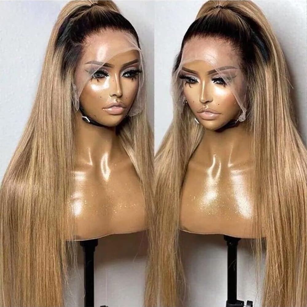 ANDRIA 13x4 HD Lace Front Wigs 200% Density Honey Blonde Straight Glueless Lace Frontal Wigs ombre Ash Blonde Wig for Black Women Synthetic Heat Resistant Hair Wig With Baby Hair Pre Plucked 28 Inch