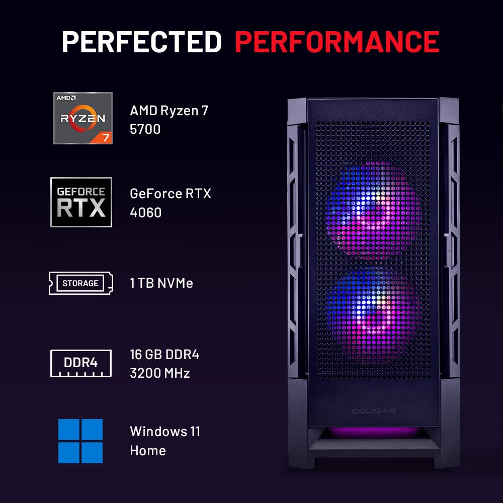 Skytech Blaze4 Mini Gaming PC Desktop, Ryzen 7 5700 3.7 GHz (4.6GHz Turbo Boost), NVIDIA RTX 4060 8GB GDDR6X, 1TB SSD, 16GB DDR4 RAM 3200, 650W Gold PSU, Wi-Fi, Win 11 Home