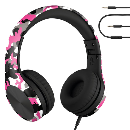 LilGadgets Connect+ Pro Wired Kids Headphones for School w/Microphone, Volume Limiting & Noise Reducing Over-Ear Headset w/Cord, SharePort Technology & SoftTouch Padding, Pink Camo Wired Headphones