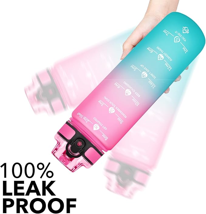 GOSWAG 32oz Motivational Water Bottles with Time Marker and Fruit Strainer, Sports Water Bottle with Times to Drink, Leakproof, Reusable Plastic Bottle with Strap no Straw for Gym, School