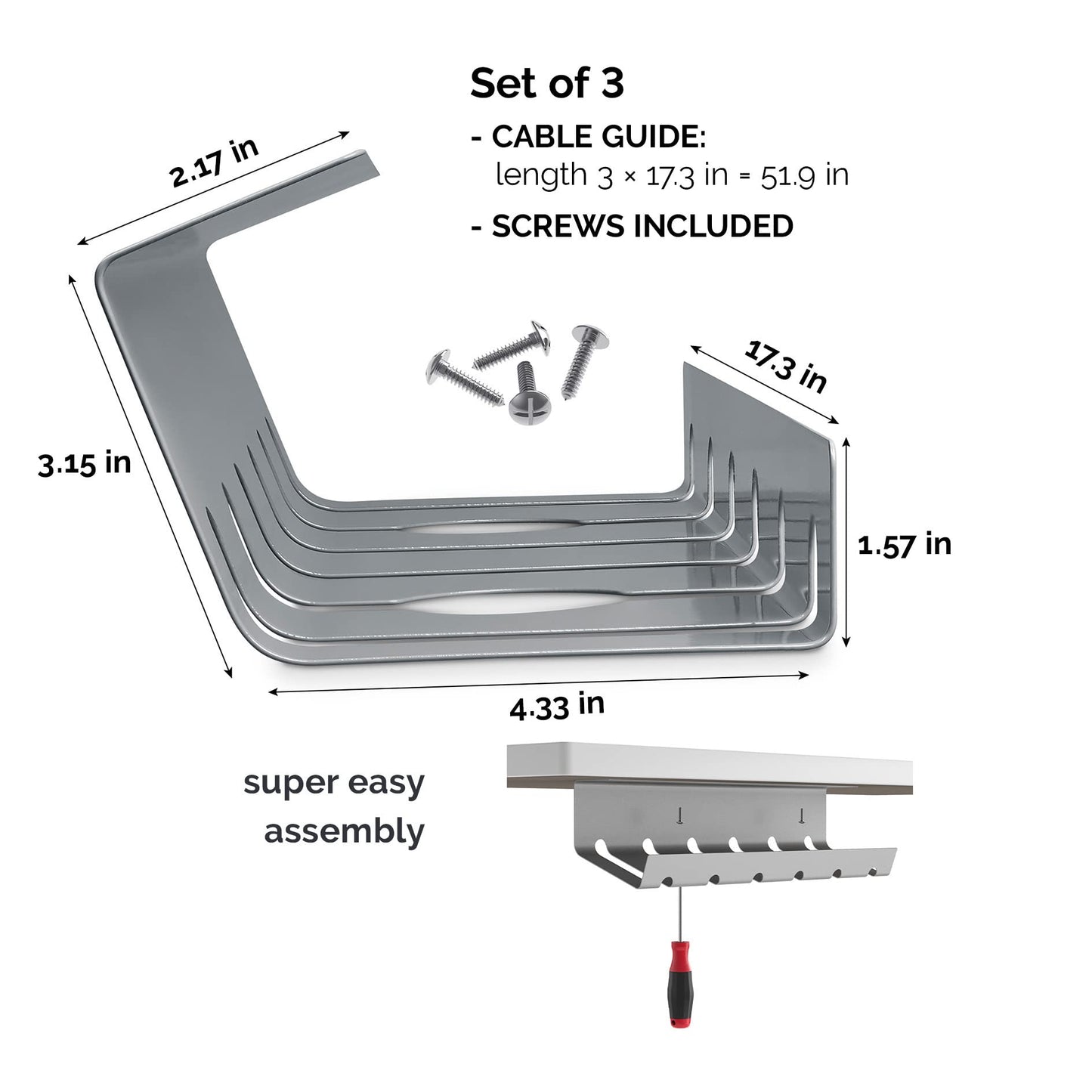 PAMO Cable Management Under Desk for Easy mounting Under-Table I Set of 3 - with 10X Cable Ties I Desk Organizer for Office/Home Office Table Thoughtful Cable Tray Holder