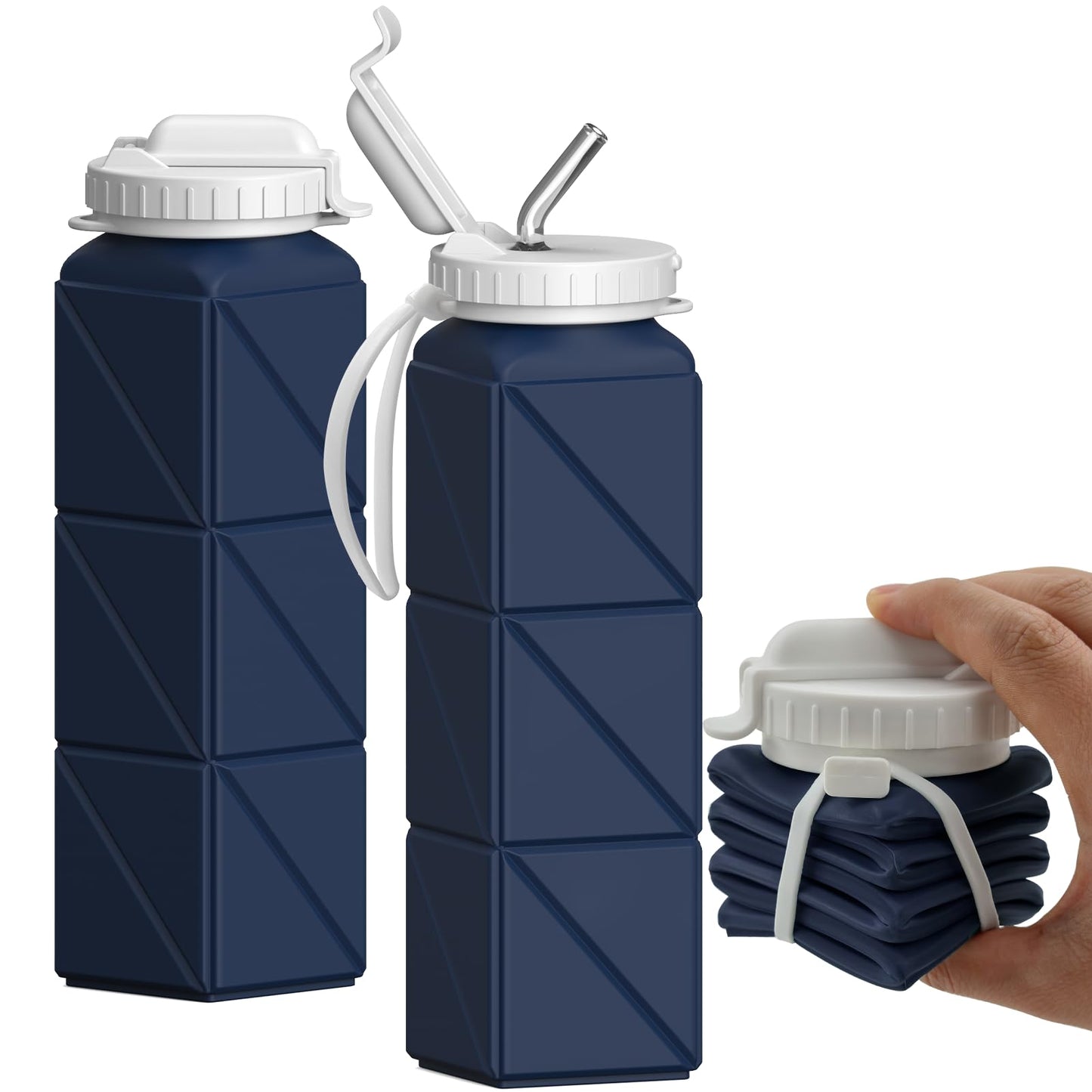 BEAUTAIL Collapsible Water Bottles with Straw, Silicone Foldable Portable Water Bottle 610ml Lightweight Reusable Leakproof for Travel Camping Hiking Cycling Yoga Sports, 1 Pack (Dark Blue)