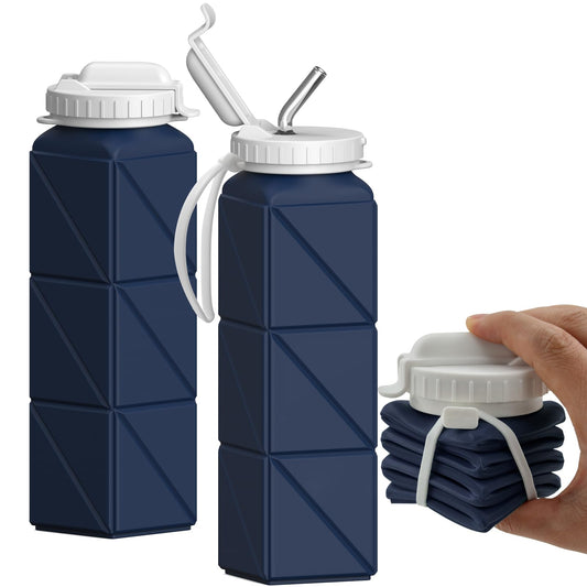 BEAUTAIL Collapsible Water Bottles with Straw, Silicone Foldable Portable Water Bottle 610ml Lightweight Reusable Leakproof for Travel Camping Hiking Cycling Yoga Sports, 1 Pack (Dark Blue)