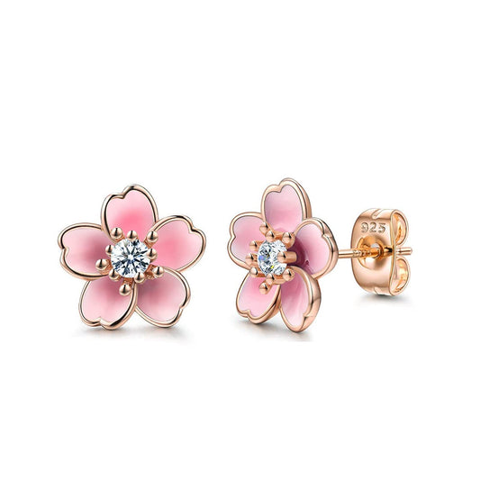 AllenCOCO Rose Gold Plated Blue Cherry Blossom Stud Earrings Blue Flower Ear Studs for Women Jewelry Gift (Rose Gold Pink)