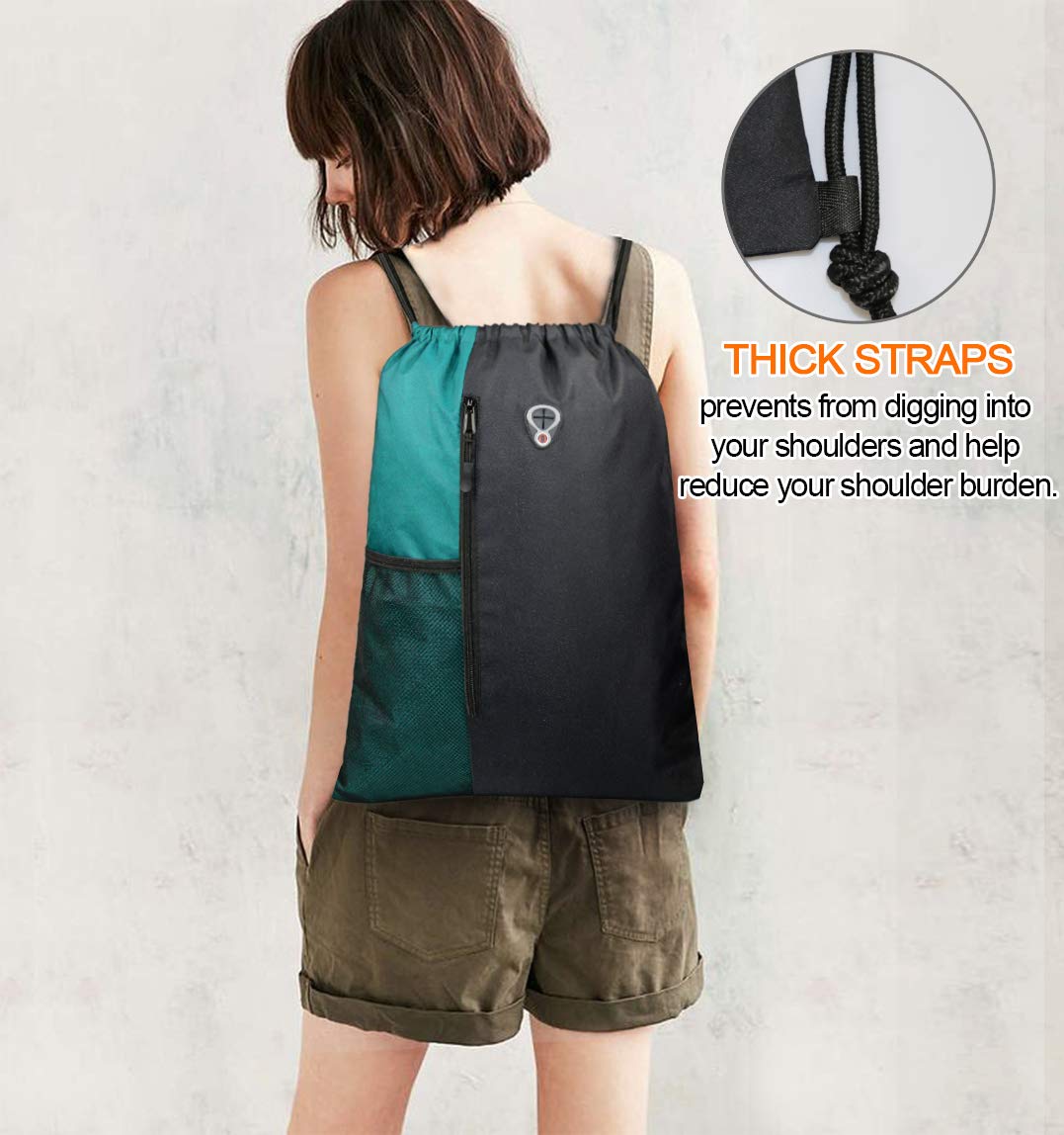 Drawstring Backpack Sports Gym Bag for Women Men Large Lightweight Backpack with Zipper and Water Bottle Mesh Pockets (Black/Teal)