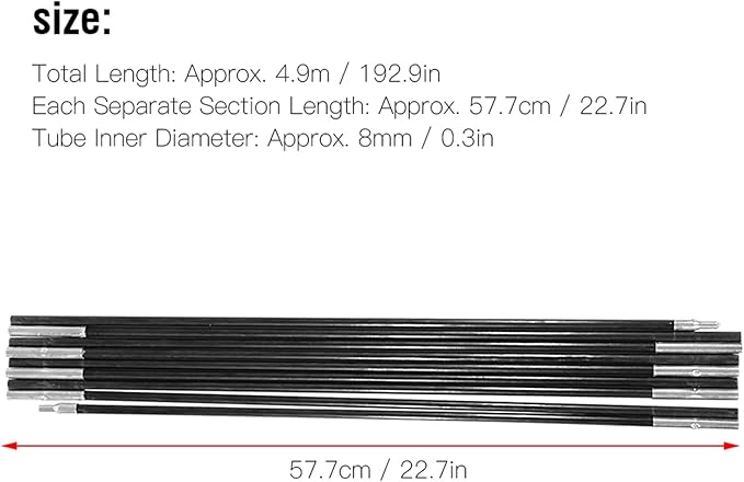 Tent Tarp Poles 4.9M, Universal 9 Sections Fiberglass Camping Tent Pole Bars Camping Awning Poles, Tent Pole Support Frames Kit Outdoor Support Rods Awning Frames Kit