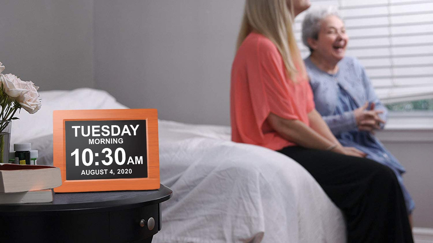 American Lifetime 【New 2025】 Dementia Clock Large Digital Clock for Seniors, Alzeimer Clock Large Display with Custom Alarms, Clock with Day & Date for Elderly, Digital Calendar Brown Wood