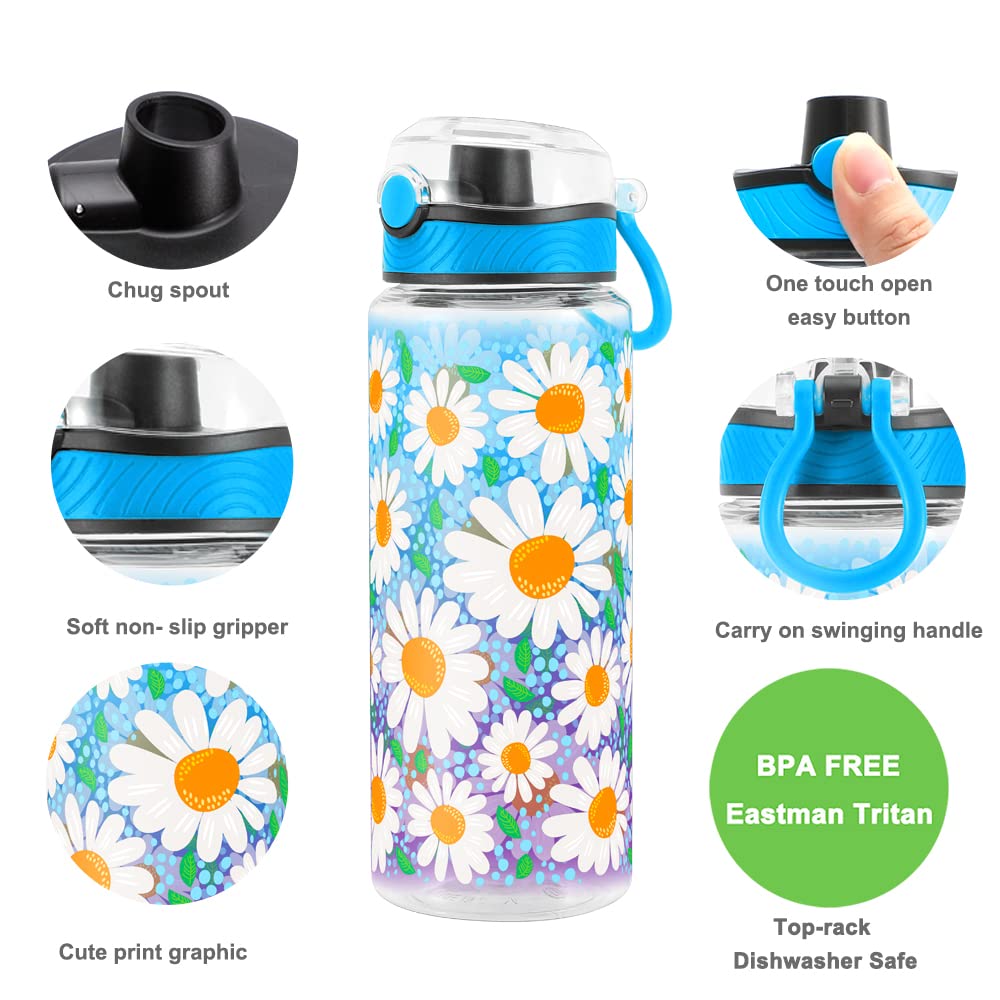 Cute Water Bottle for School Kids Girls, BPA FREE Tritan & Leak Proof & Easy Clean & Carry Handle, 23oz/ 680ml - Daisy