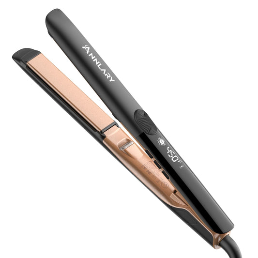 Annlary Hair Straightener, 1 Inch Flat Iron Hair Straightener and Curler 2 in 1, Professional Ionic Titanium Dual Voltage Flat Iron with Anti-Iron Silicone for Less Frizz, Shinier & Smoother Hair
