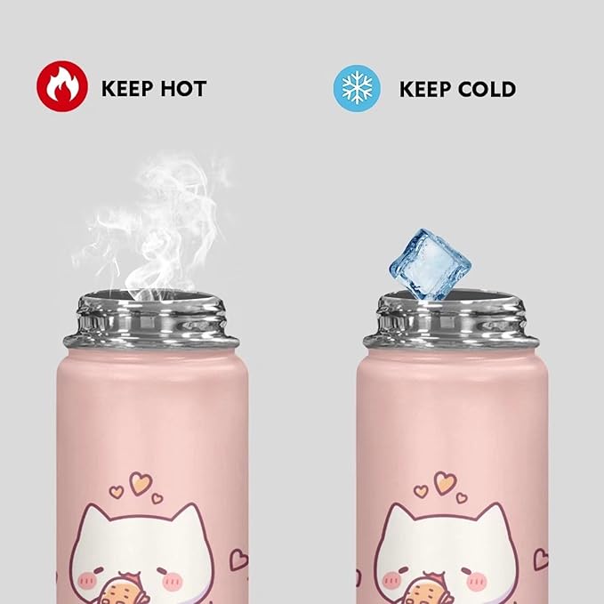 Cat Insulated Water Bottle with Handle 18 oz Vacuum Water Bottle for Hot & Cold Drinks, Wide Mouth, Great for Travel, Hiking & Camping Jug Stainless Steel Bottle Kitten Pink