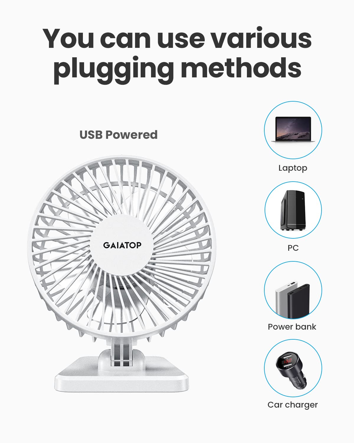 Gaiatop USB Desk Fan, Small But Powerful, Personal Portable Quiet 3 Speeds, Adjustable Mini Table Desktop fan for Cooling Home Office Car Summer Travel Gifts White