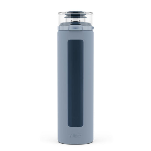 Ello Syndicate 20oz Reusable Glass Water Bottle with One-Touch Leak Proof Flip Lid, Protective Non-Slip Silicone Sleeve, Carry Loop for Coffee, Tea and Water, BPA-free, Dishwasher Safe, Tech Blue