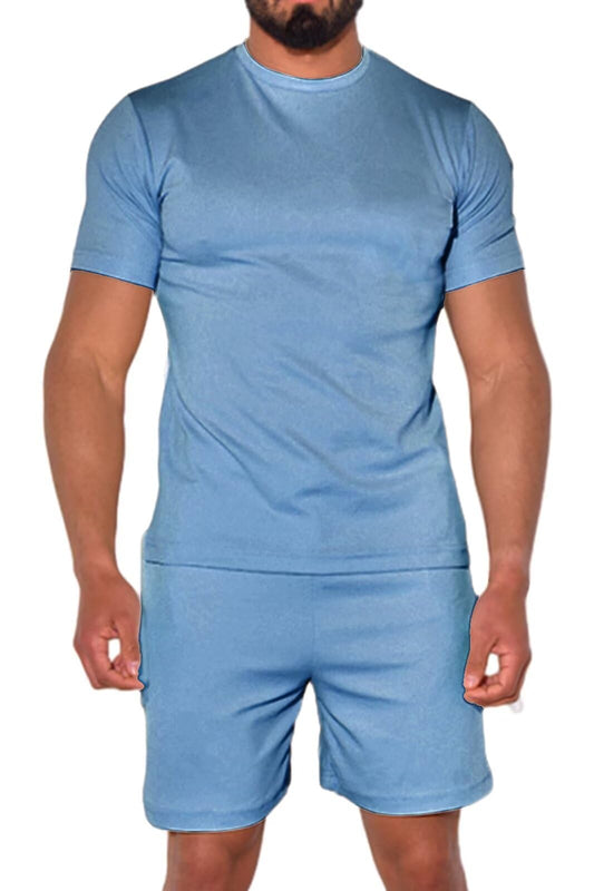 Uni Clau Mens 2 Piece Short Set Summer Outfits Tracksuit Casual T shirt and Short Beach Sets Pale Blue M