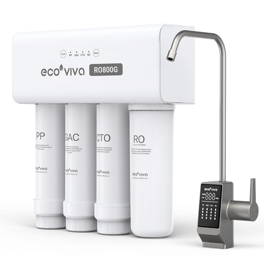 Ecoviva UnderSink Reverse Osmosis RO 800GPD Water Filter Filtration System, Alkaline Water pH 7-8, 8-Stage Filtration, Meet NSF/ANSI 58 Standard, 3:1 Pure-to-Drain Filter, with LED Smart Faucet