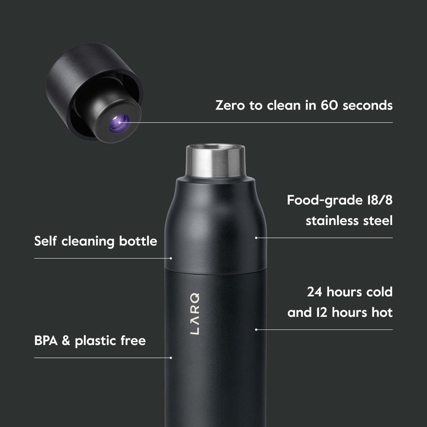LARQ Bottle PureVis 25 oz - Self-Cleaning and Insulated Stainless Steel Water Bottle with UV Water Purifier and Award-winning Design | Reusable & Travel Friendly, Obsidian Black