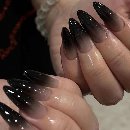 Almond Press on Nails Short Black Fake Nails Press ons Medium False Nails with Designs Ombre Glossy Full Cover Acrylic Glue on Nails Cute Artificial Stick on Nails for Women Nail Art Decoration 24Pcs