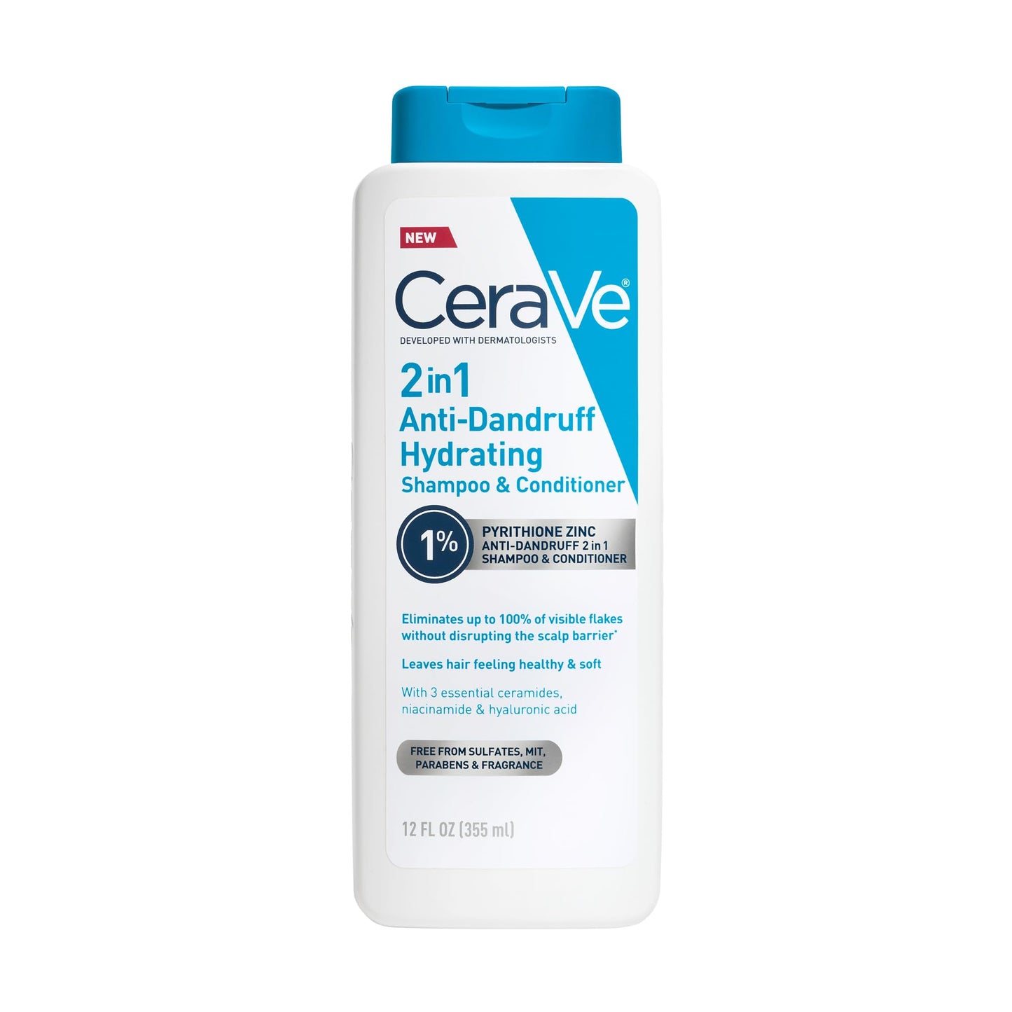 CeraVe 2 In 1 Hydrating Anti Dandruff Shampoo And Conditioner, 1% Pyrithione Zinc Dandruff Treatment, Color Safe & Sulfate Free Shampoo And Conditioner, Helps Eliminate Dandruff & Relieve Itchy Scalp