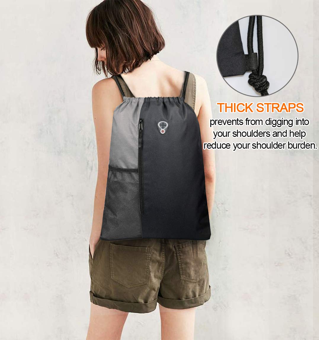 BeeGreem Grey Sport Bag Drawstring Backpack String Bag For Men Women Gym Backpack With Water Bottle Mesh Pockets And Two Zipper Pockets 16" x 20"