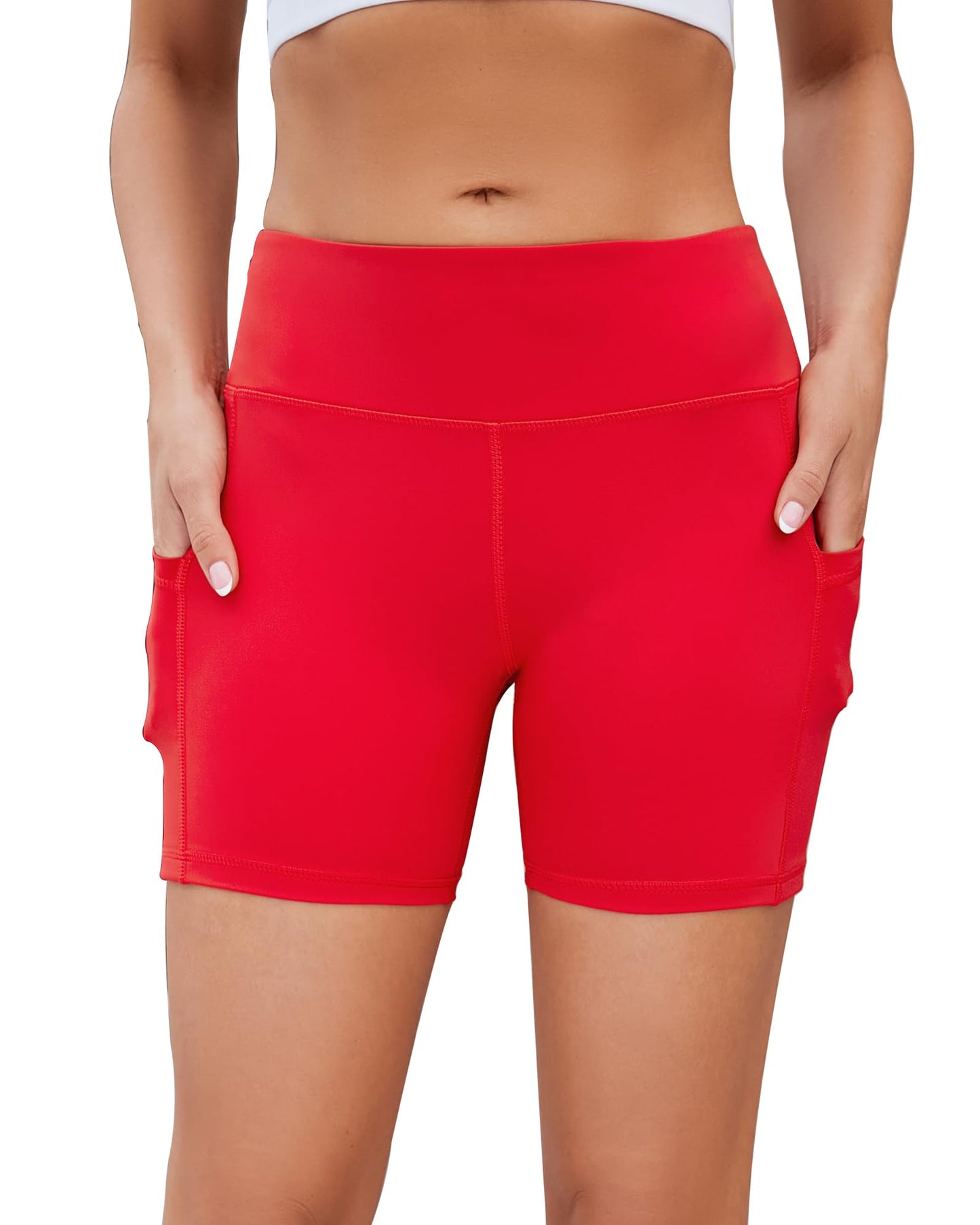 AHLW Buttery Soft Workout Biker Shorts with Pockets for Women High Waisted Stretchy Comfortable Athletic Running Yoga Shorts Red