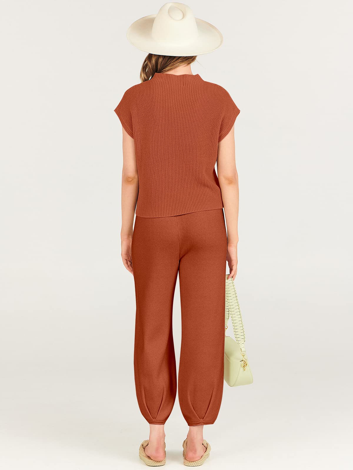 ANRABESS Women's Two Piece Outfits Knit Sweater Pullover Crop Top & Pants Lounge Matching Tracksuit Sweatsuit Sets 2024 Trendy Loungewear Clothes Rust Small