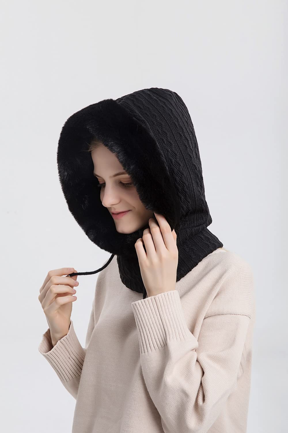 AkiiGer Womens Winter Hats, Warm Hooded Scarf Hat for Women, Fleece Beanie Hats with Drawstring, Winter Balaclava Knit Skull Cap(Black)