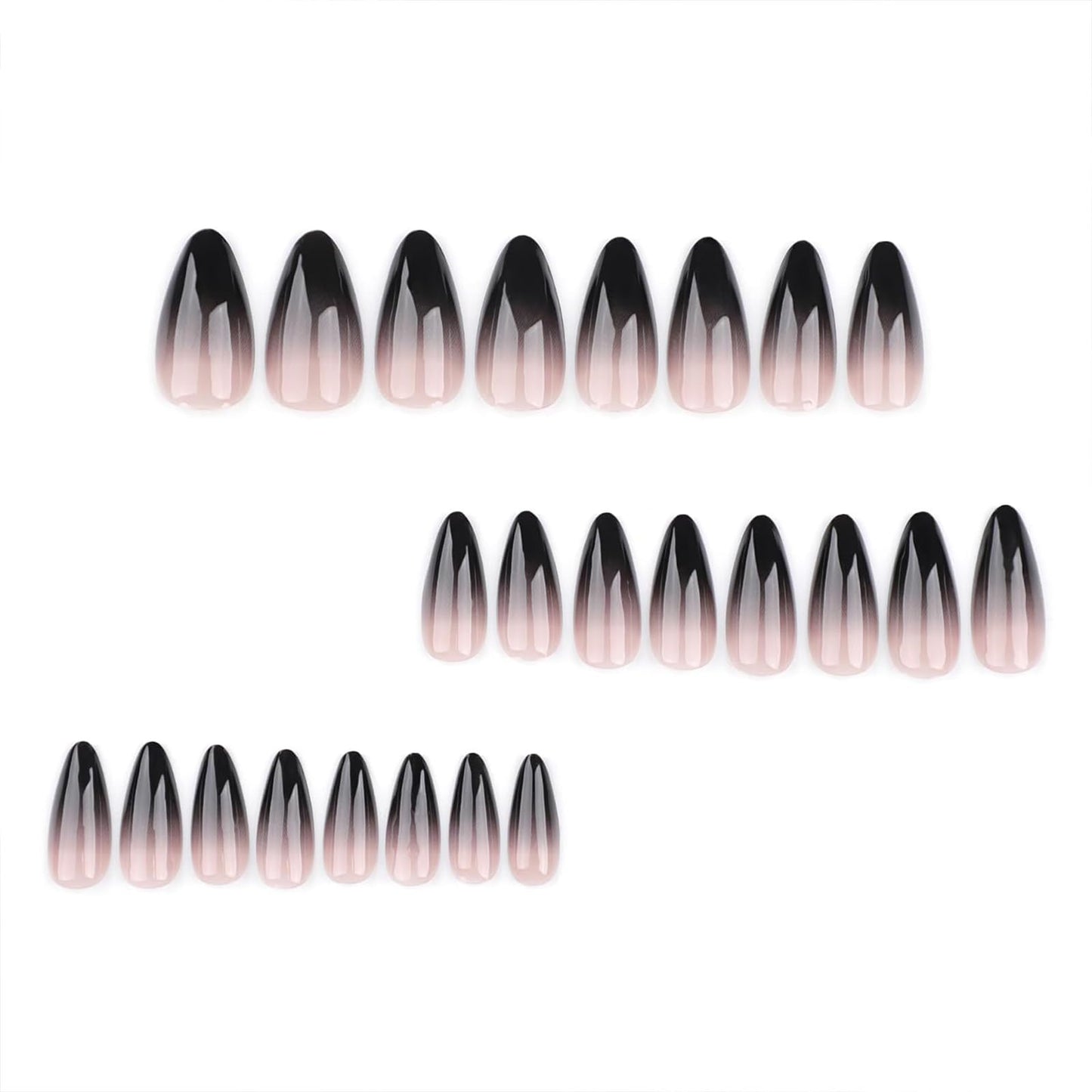 Almond Press on Nails Short Black Fake Nails Press ons Medium False Nails with Designs Ombre Glossy Full Cover Acrylic Glue on Nails Cute Artificial Stick on Nails for Women Nail Art Decoration 24Pcs