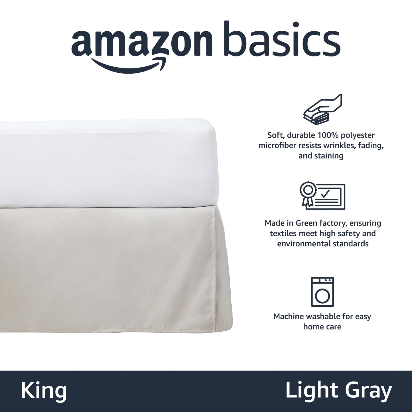 Amazon Basics Lightweight Pleated King Size Bed Skirt, Fade Resistant, Machine Washable, King, Light Grey, Solid