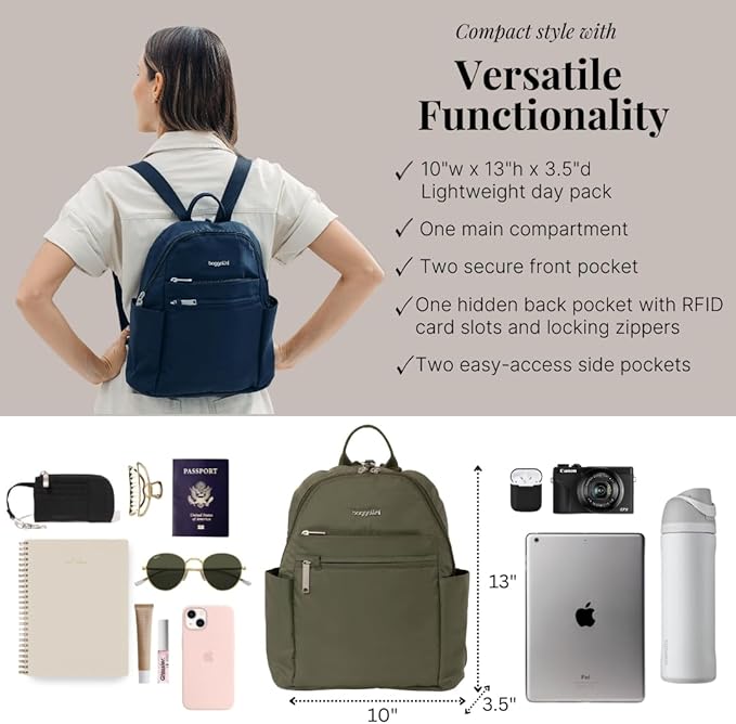 Baggallini Securtex® Anti-theft Vacation Travel Backpack 10x13 Slash-Resistant Nylon Daypack w/RFID