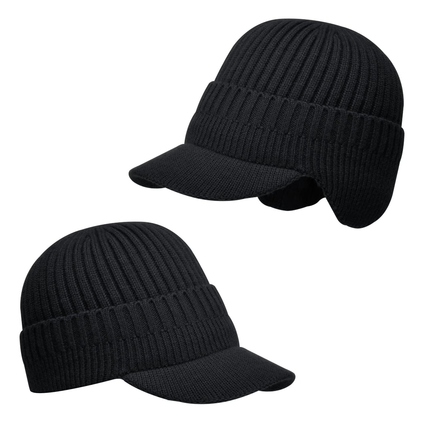 AkiiGer Men's Winter Hat Beanie with Brim, Warm Earflaps Hat for Men, Thick Fleece Lined Knit Beanie Outdoor(Black)