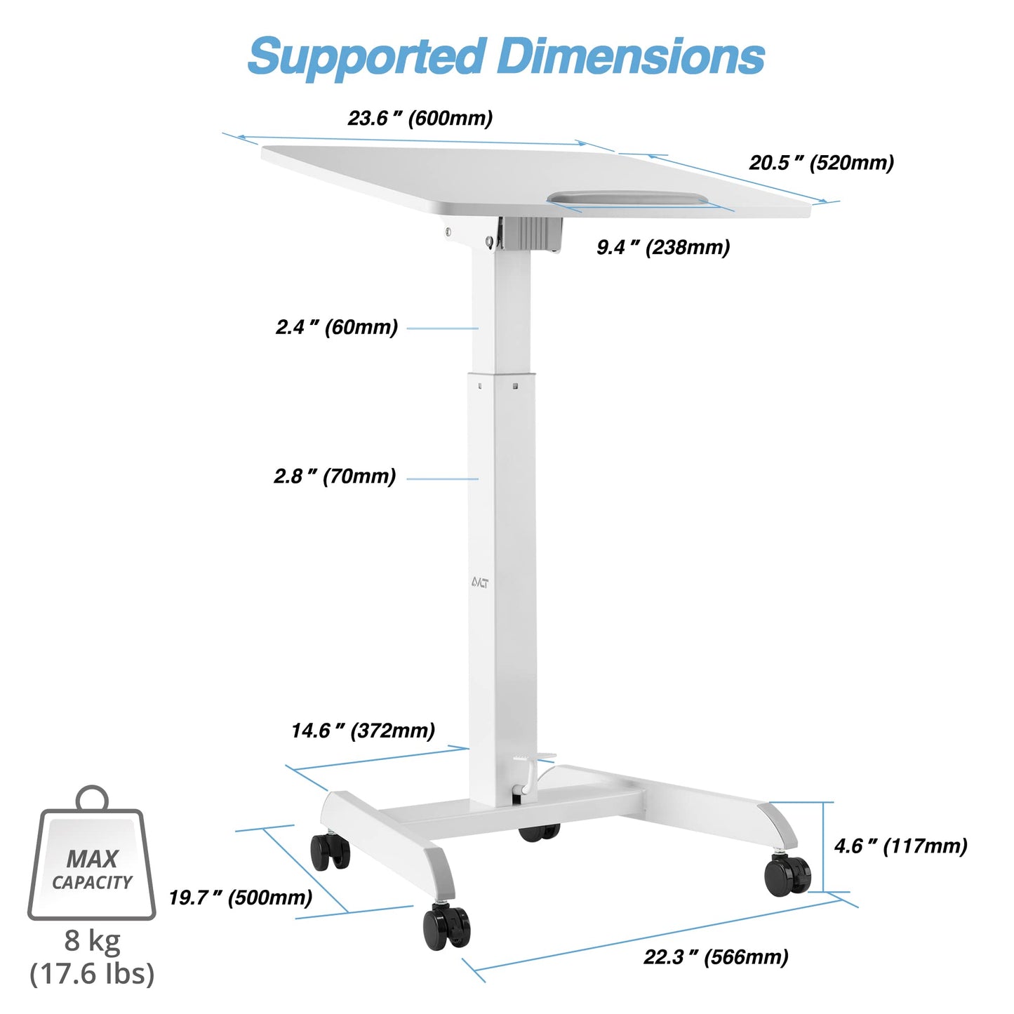AVLT 47" Height Adjustable Mobile Workstation with Tilting Desk (3 ft 11 inches) - Foot Pedal Pneumatic Standing Desk Cart - Mobile Laptop Cart - Mobile White Cart with Brake Casters
