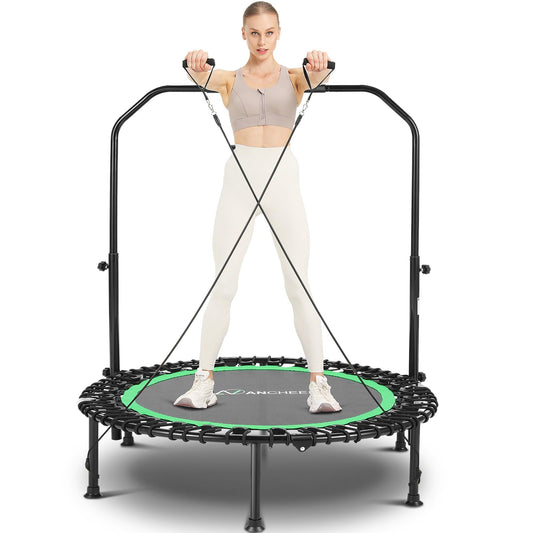 ANCHEER 40" Foldable Mini Trampoline - Max Load 350lbs - 450lbs Indoor Trampoline - with 4 Level Adjustable Foam Handle and Resistance Bands - Adult Exercise Trampoline for Home, Gym and Garden