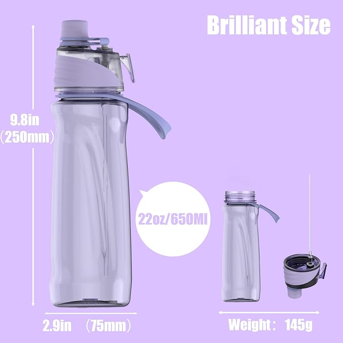 FEIJIAN Mist Water Bottle,22oz Sports Water Bottle with 2-IN-1 Mist & Sip Function, BPA-Free Plastic Water Bottles, Misting Water Bottle, Leakproof & Lightweight, Ideal for Fitness and Outdoor, Purple