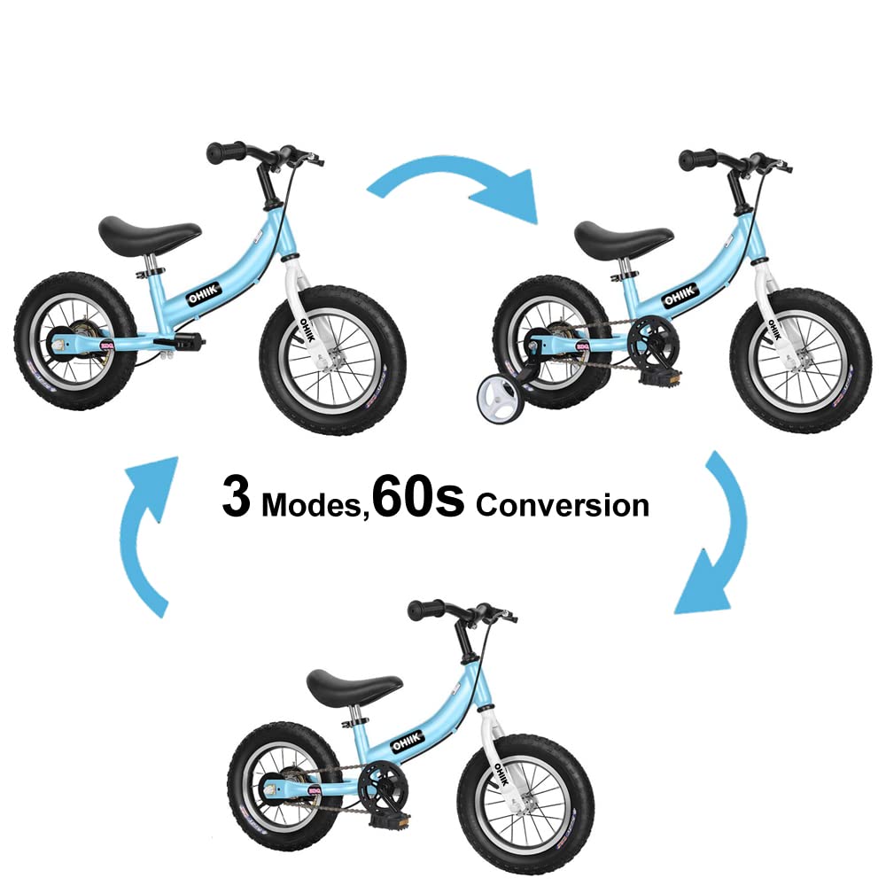 OHIIK Balance Bike 2 in 1 for Kids 3 4 5 6 7 Years Old,Balance to Pedals Bike,12 14 16 inch Kids Bike,with Pedal kit,Training Wheels,Brakes (14 inch, Blue)