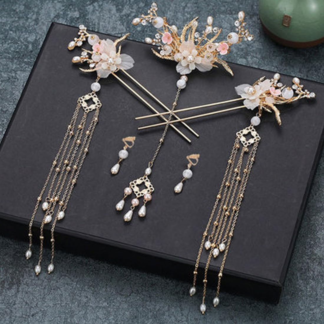 Alloy Hair Sticks Pins Long Tassel Hanfu Chinese Hair Comb/Earrings Set of 1 Traditional Classical (Style C)
