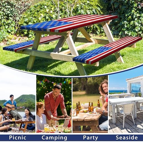 American Flag Picnic Table Cover with Bench Covers Set Wood Texture Waterproof Windproof Camping Rectangle Tablecloths Fitted Picnic Table Cover for Outdoor,Picnic,Camping (Red, 3pcs-72" x 30")