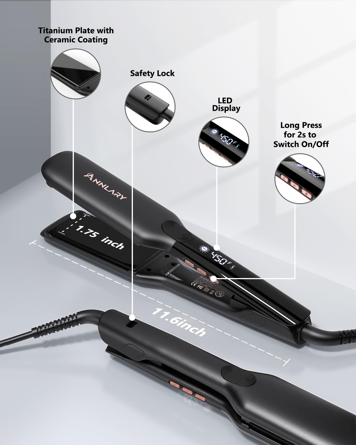 Annlary 1.75 Inch Hair Straightener, Professional Titanium Plate with Ceramic Coating Ionic Dual Voltage Flat Iron with Anti-Iron Silicone for Less Frizz, Shinier & Smoother Hair
