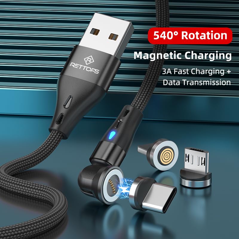 RETTOPS 540°, 7 pin Rotation USB Magnetic Charging Cable, 3 in 1 Charger [4-Pack, 3ft/3ft/6ft/6ft] 3A Fast Charging Cable Support Data Transfer Magnetic Charger Cable for iPhone/Micro USB/Type C