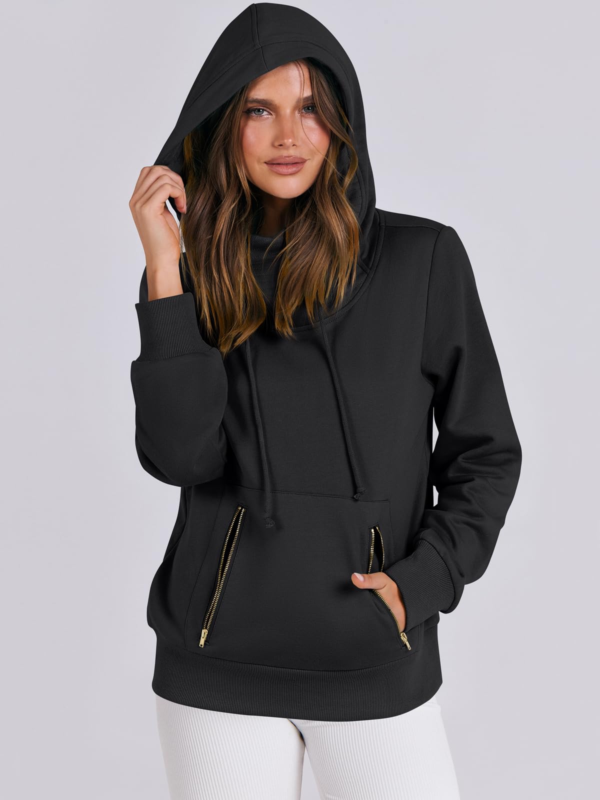 ANRABESS Womens Hoodie Cowl Neck Long Sleeve Sweatshirts 2024 Winter Fashion Pullover With Drawstring Teen Girls Clothes Black Small