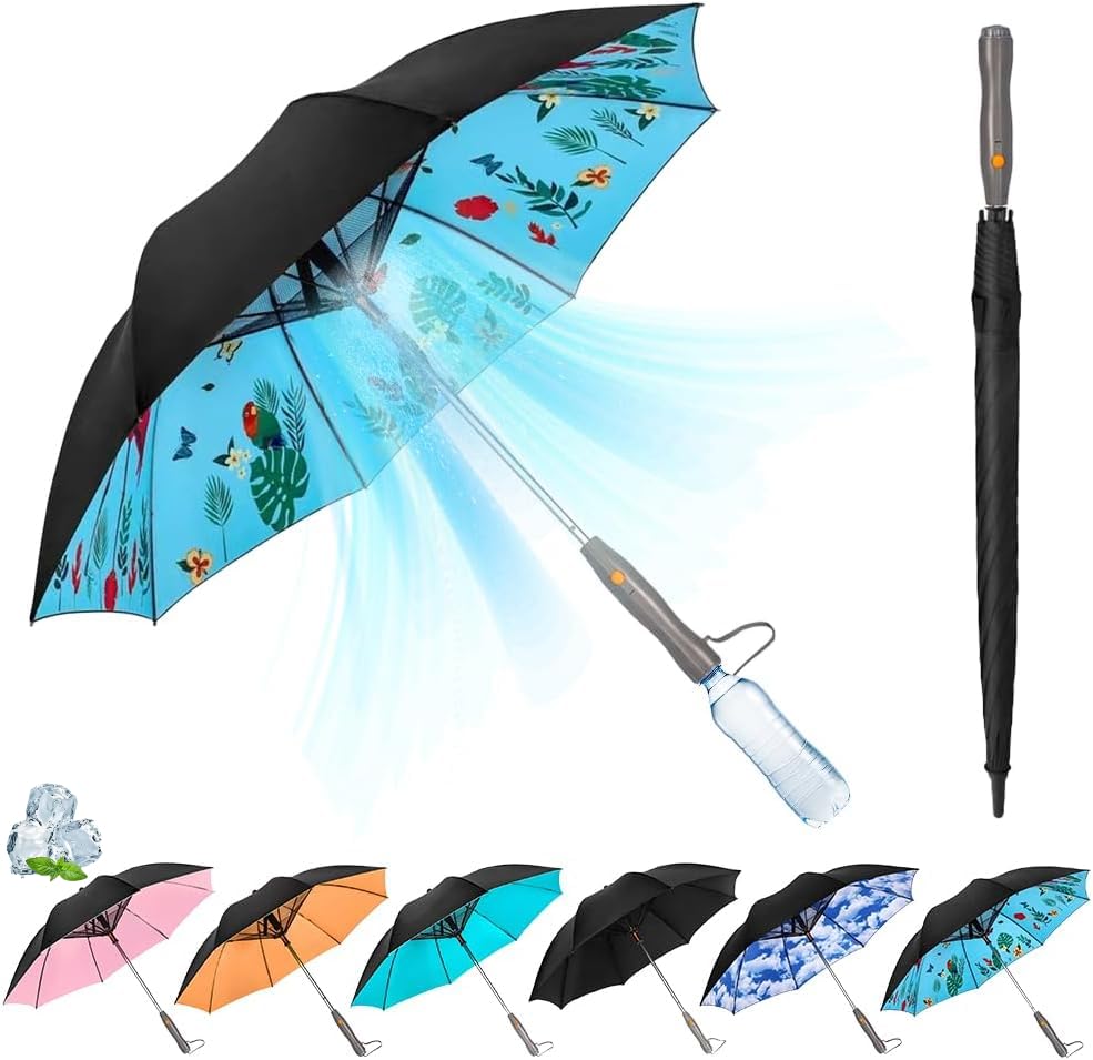 Uv Blocking Umbrella With Fan, 2024 New 3 In 1 Umbrella With Fan And Mist Spray, Sun Umbrella Protection, Usb Rechargeable Sun Umbrella, Cooling Umbrella With Fan, For Fishing, Golfing, Patio, Sand, Travel (Flamingo)