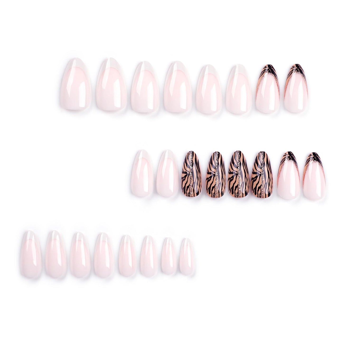 Almond Press on Nails Medium Fake Nails with Designs White French Tip False Nails Press ons Glitter Line Zebra Print Glossy Acrylic Glue on Nails Full Cover Artificial Stick on for Women Supplies
