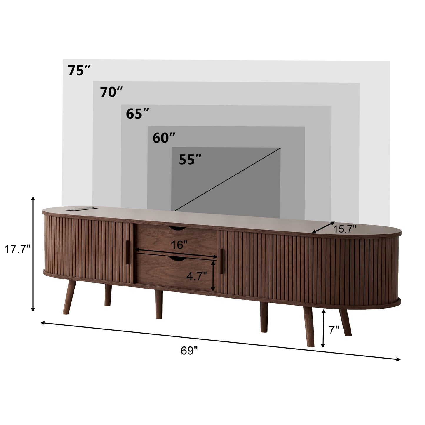 Alohappy 69" Mid Century Modern TV Stand with Charging Station, Farmhouse Curved Edge TV and Media Console Table with Drawer and Shelf, Fluted Entertainment Center for Living Room, Bedroom, Walnut