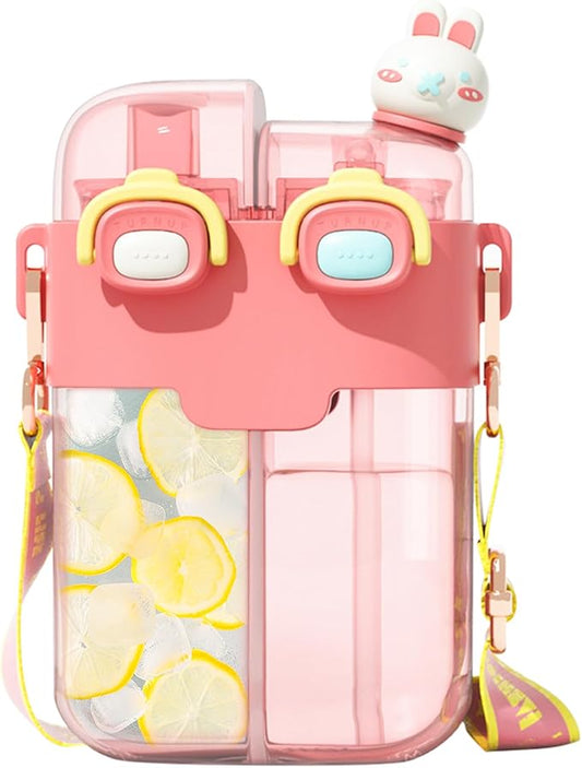 Cute Water Bottle for Kids: 26oz Kawaii Water Bottle for Girls, Funny Bear Water Bottles with Straw and Strap, Dual Compartments Leak-proof Plastic Drinking Cup for School Sport Travel (Pink)