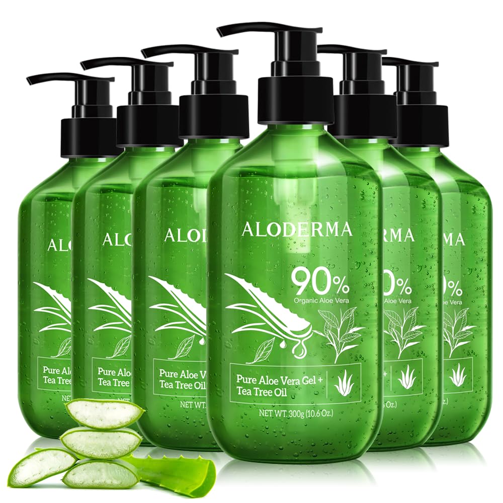 Aloderma Organic Aloe Vera Gel for Skin + Tea Tree Oil, Made within 12 Hours of Harvest, Soothing Pure Aloe Vera Gel for Face, Works Great for Scalp & Aftershave, All Natural Aloe Gel - 300ml x 6btls