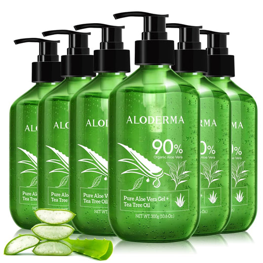 Aloderma Organic Aloe Vera Gel for Skin + Tea Tree Oil, Made within 12 Hours of Harvest, Soothing Pure Aloe Vera Gel for Face, Works Great for Scalp & Aftershave, All Natural Aloe Gel - 300ml x 6btls