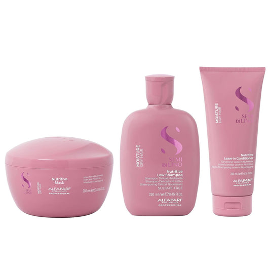 ALFAPARF MILANO Semi Di Lino Moisture Nutritive Deep Conditioning Hair Mask (6.76 oz) + Moisturizing Shampoo (8.45 oz) + Leave In Conditioner (6.76 oz) for Color Treated Hair - Sulfate & Paraben Free