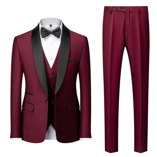 Men's Wedding 3 Piece Suits Slimming One Button Shawl Lapel Business Blazer Formal Dinner Party Jacket Vest Pants (Crimson,Small)